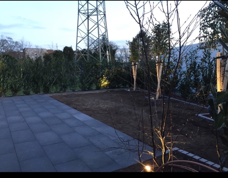 Von Gartenbau Stutzke gepflasterte Terrasse mit Beleuchtung und frisch gesetzten Bäumen